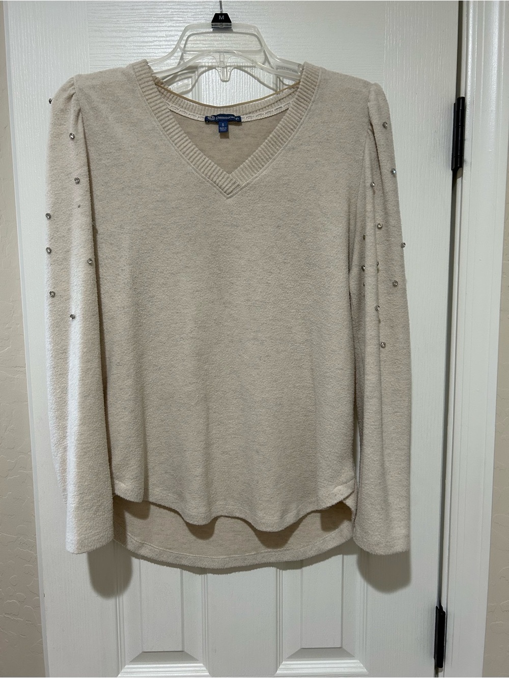 Democracy Cream V-Neck Sweater with Bead-Studded Puff Sleeves